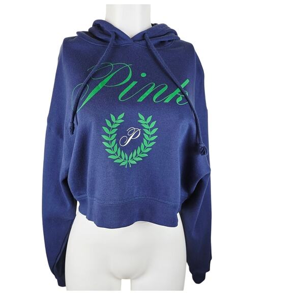 Victoria Secret Pink Navy Blue Green Cropped Hooded Winter Women's Sweatshirt L - Picture 1 of 5